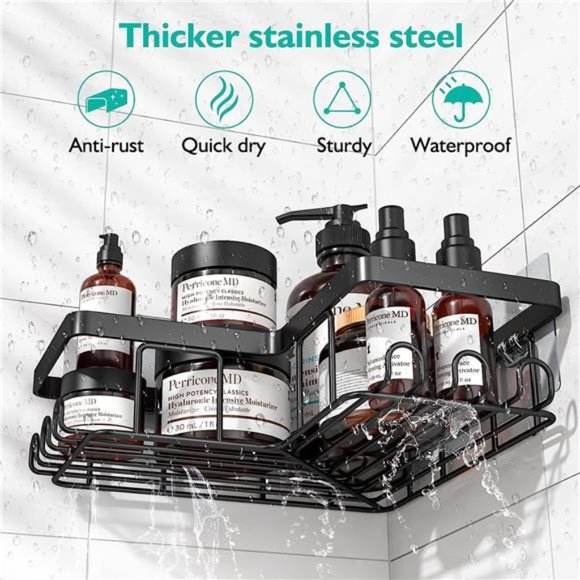 Corner Shower Caddy, 3-Pack Adhesive Shower Caddy with Soap Holder and 12 Hooks - Picture 2 of 6